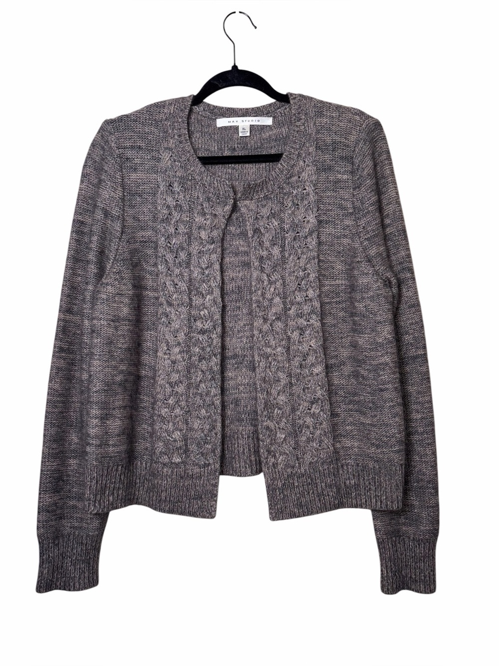 Max Studio Angora Blend Cable Knit Open Front Cardigan Sweater Gray Beige XL